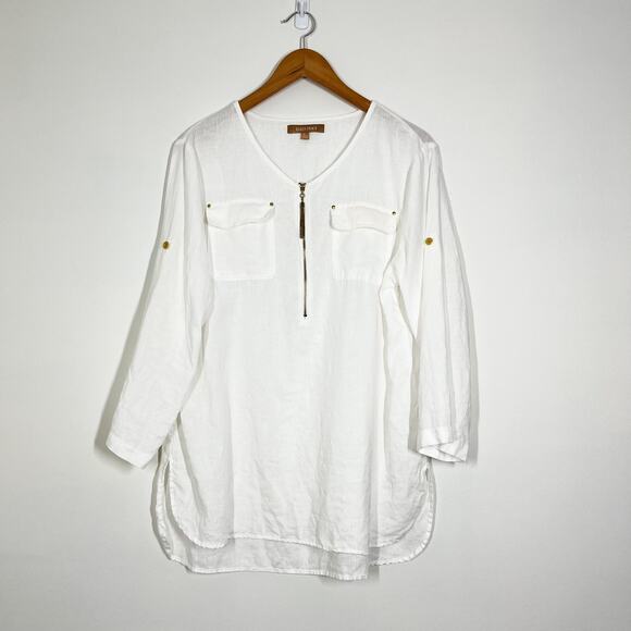 Ellen Tracy Linen Pullover Tunic Blouse White Sz L Half Zip Roll Tab Sleeves - Picture 2 of 12
